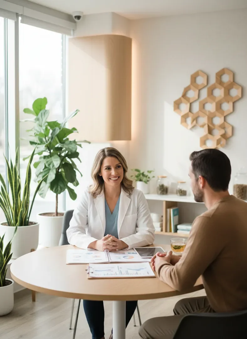 Functional medicine consultation in a bright, welcoming clinical environment